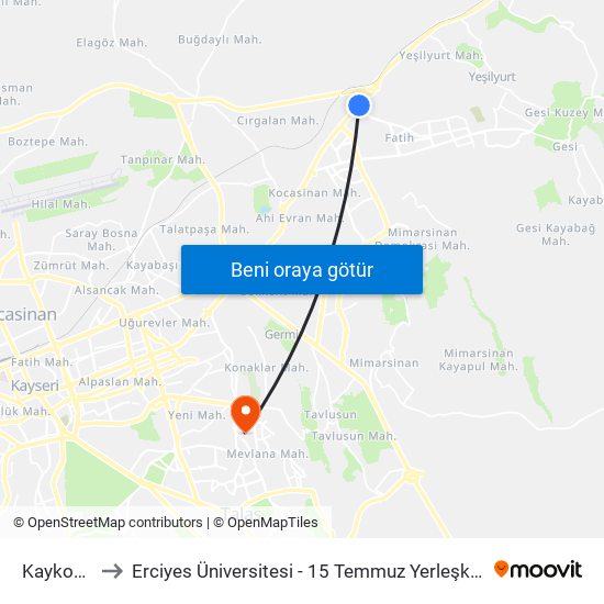 Kaykoop to Erciyes Üniversitesi - 15 Temmuz Yerleşkesi map