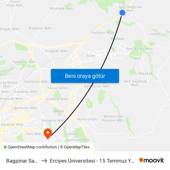 Bagpinar Sapagi to Erciyes Üniversitesi - 15 Temmuz Yerleşkesi map