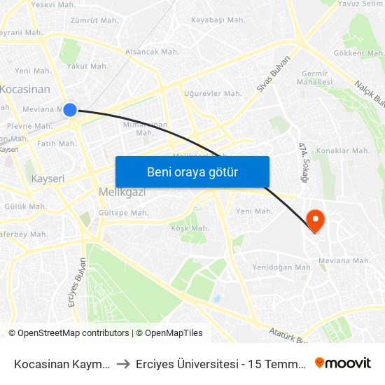 Kocasinan Kaymakamlik to Erciyes Üniversitesi - 15 Temmuz Yerleşkesi map