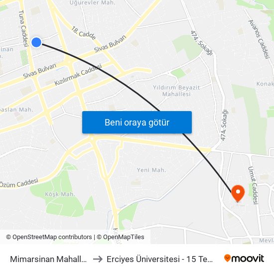 Mimarsinan Mahalle Pazar Yeri to Erciyes Üniversitesi - 15 Temmuz Yerleşkesi map