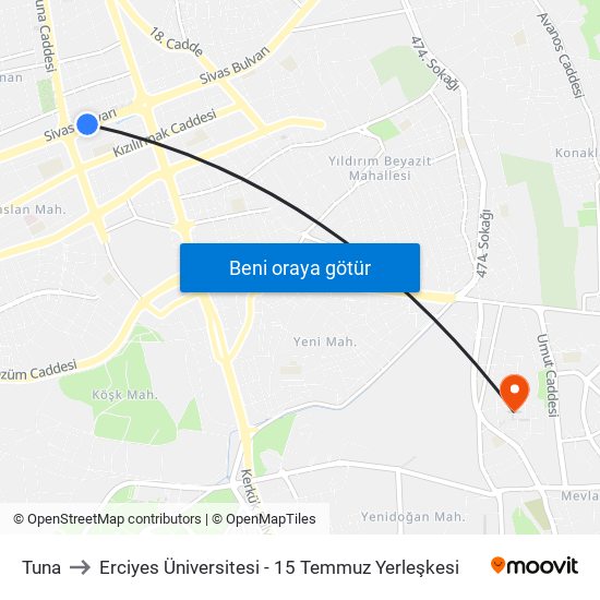 Tuna to Erciyes Üniversitesi - 15 Temmuz Yerleşkesi map