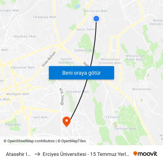 Atasehir Ici 2 to Erciyes Üniversitesi - 15 Temmuz Yerleşkesi map