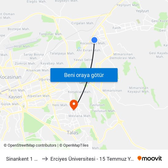 Sinankent 1 Girisi to Erciyes Üniversitesi - 15 Temmuz Yerleşkesi map