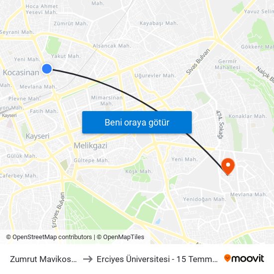 Zumrut Mavikosk Duragi to Erciyes Üniversitesi - 15 Temmuz Yerleşkesi map