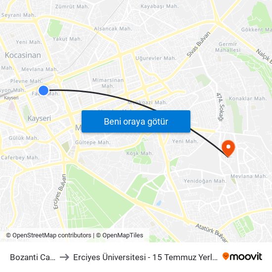 Bozanti Cad.1 to Erciyes Üniversitesi - 15 Temmuz Yerleşkesi map