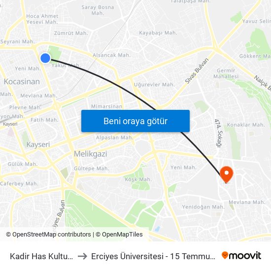 Kadir Has Kultur Parki to Erciyes Üniversitesi - 15 Temmuz Yerleşkesi map