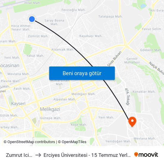 Zumrut Ici 12 to Erciyes Üniversitesi - 15 Temmuz Yerleşkesi map