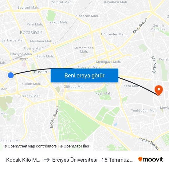 Kocak Kilo Market to Erciyes Üniversitesi - 15 Temmuz Yerleşkesi map