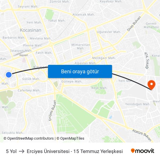 5 Yol to Erciyes Üniversitesi - 15 Temmuz Yerleşkesi map