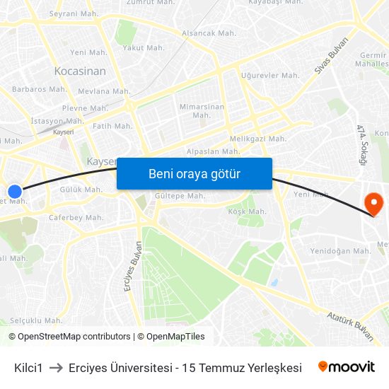 Kilci1 to Erciyes Üniversitesi - 15 Temmuz Yerleşkesi map