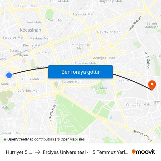 Hurriyet 5 Yol to Erciyes Üniversitesi - 15 Temmuz Yerleşkesi map