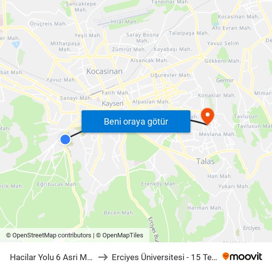 Hacilar Yolu 6 Asri Mezarlik 3. Kapi to Erciyes Üniversitesi - 15 Temmuz Yerleşkesi map