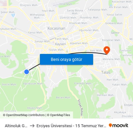 Altinoluk Girisi to Erciyes Üniversitesi - 15 Temmuz Yerleşkesi map