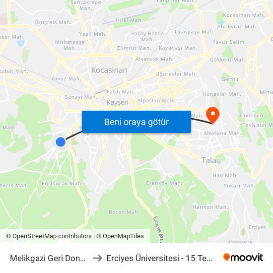 Melikgazi Geri Donusum Tesisi to Erciyes Üniversitesi - 15 Temmuz Yerleşkesi map
