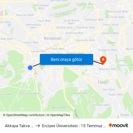 Akkaya Takva Cami to Erciyes Üniversitesi - 15 Temmuz Yerleşkesi map