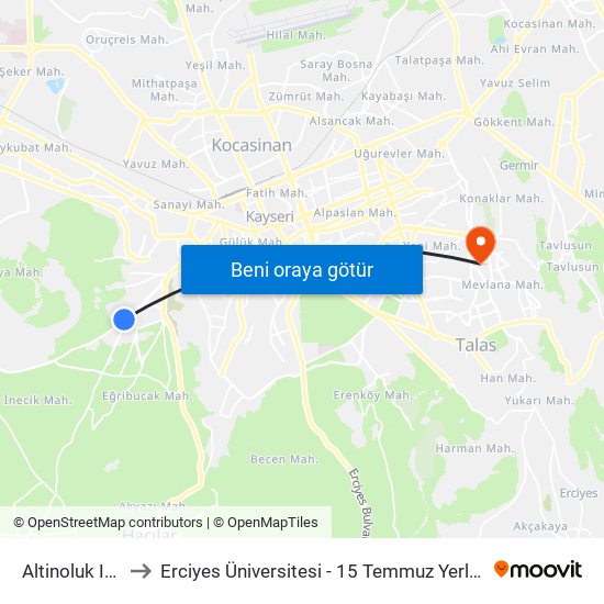 Altinoluk Ici 2 to Erciyes Üniversitesi - 15 Temmuz Yerleşkesi map