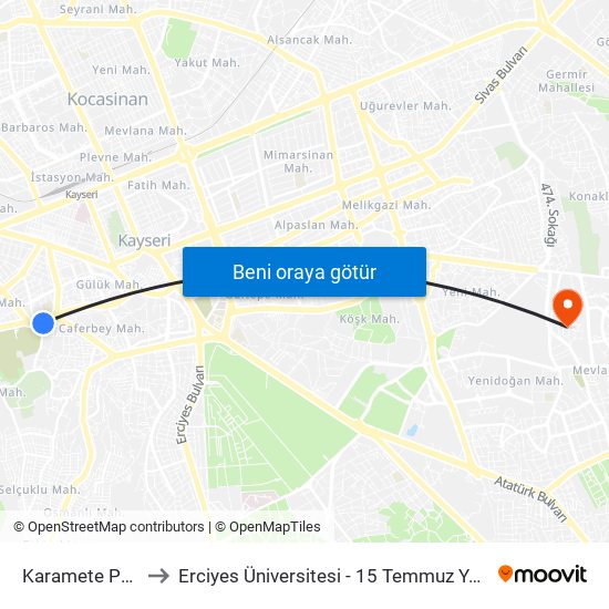 Karamete Petrol to Erciyes Üniversitesi - 15 Temmuz Yerleşkesi map