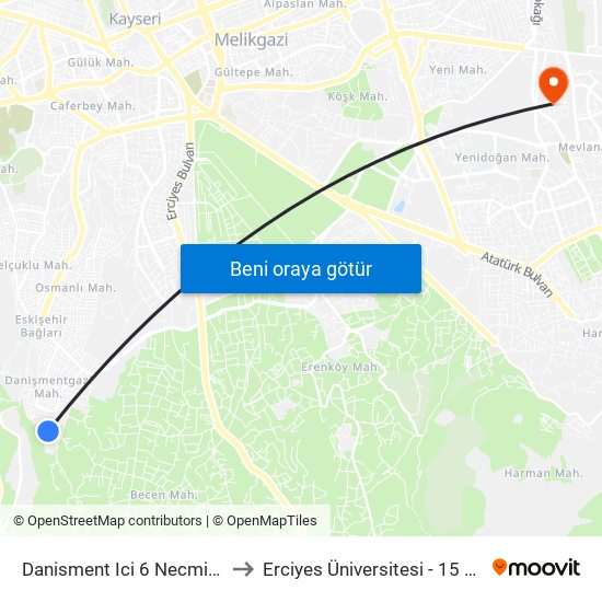 Danisment Ici 6 Necmiye Ozdereci Cami to Erciyes Üniversitesi - 15 Temmuz Yerleşkesi map