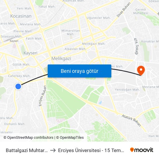 Battalgazi Muhtarlik Onu 1 to Erciyes Üniversitesi - 15 Temmuz Yerleşkesi map