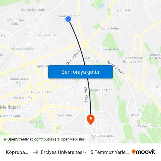 Koprubasi 4 to Erciyes Üniversitesi - 15 Temmuz Yerleşkesi map