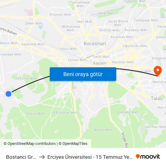 Bostanci Group to Erciyes Üniversitesi - 15 Temmuz Yerleşkesi map