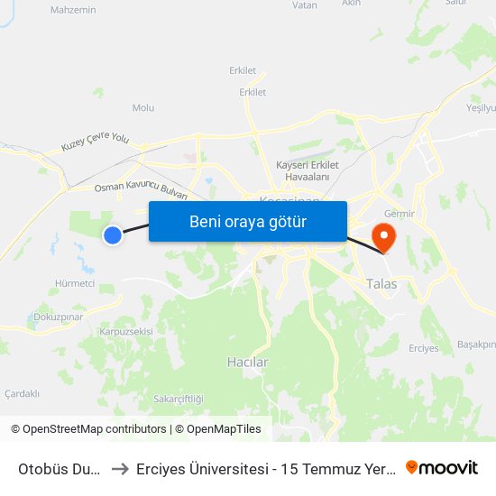 Otobüs Durağı to Erciyes Üniversitesi - 15 Temmuz Yerleşkesi map