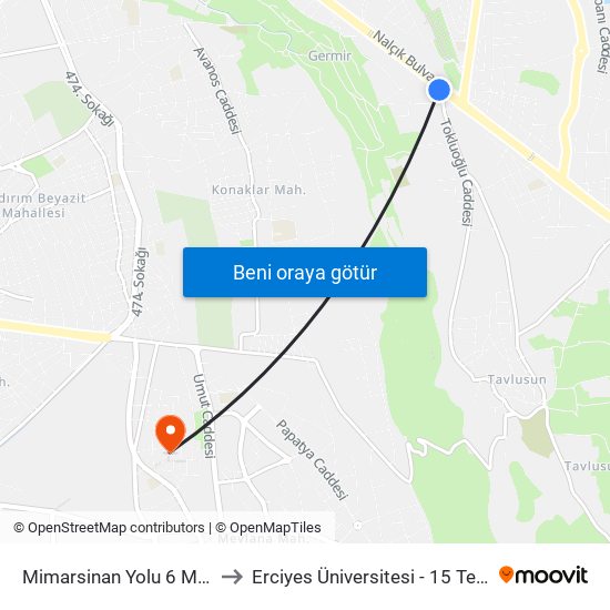 Mimarsinan Yolu 6 Mimsin Kavsagi to Erciyes Üniversitesi - 15 Temmuz Yerleşkesi map