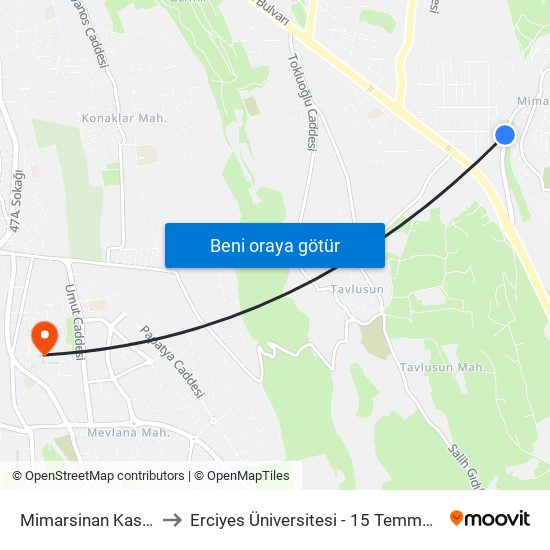 Mimarsinan Kasabasi 1 to Erciyes Üniversitesi - 15 Temmuz Yerleşkesi map