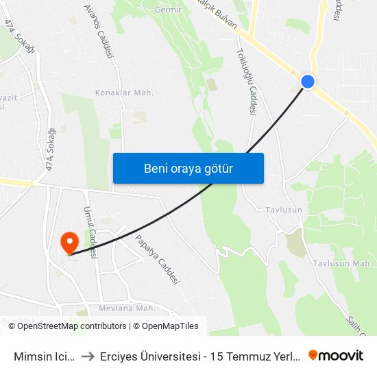 Mimsin Ici 10 to Erciyes Üniversitesi - 15 Temmuz Yerleşkesi map