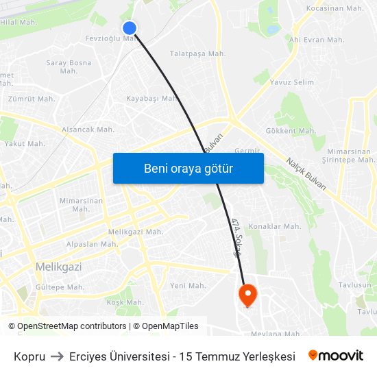 Kopru to Erciyes Üniversitesi - 15 Temmuz Yerleşkesi map