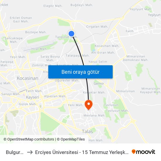 Bulgurcu to Erciyes Üniversitesi - 15 Temmuz Yerleşkesi map