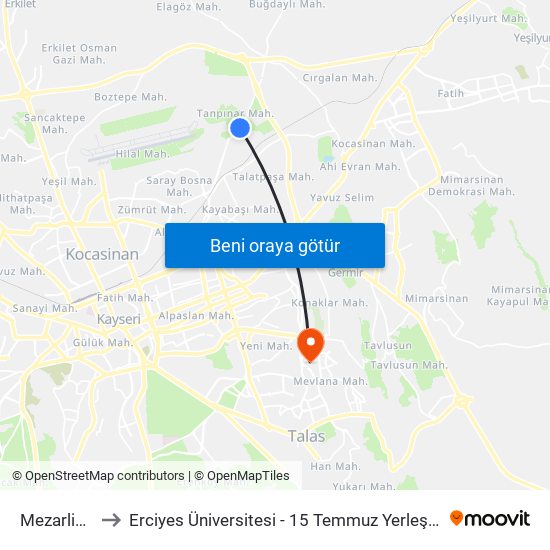 Mezarlik 2 to Erciyes Üniversitesi - 15 Temmuz Yerleşkesi map