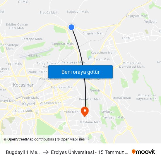 Bugdayli 1 Mezarlik to Erciyes Üniversitesi - 15 Temmuz Yerleşkesi map