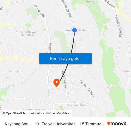 Kayabag Son Durak to Erciyes Üniversitesi - 15 Temmuz Yerleşkesi map