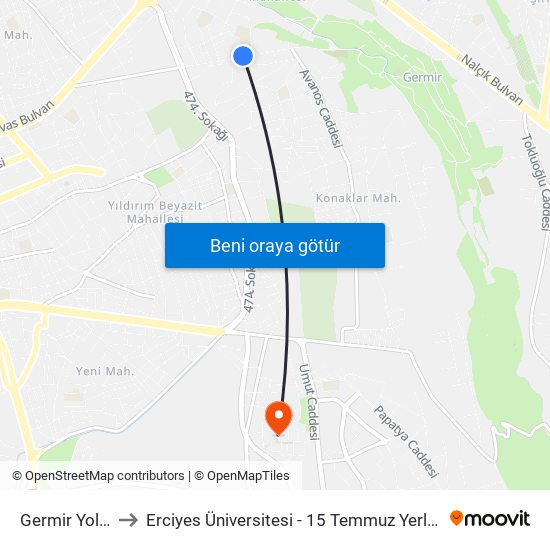 Germir Yolu 4 to Erciyes Üniversitesi - 15 Temmuz Yerleşkesi map