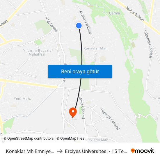 Konaklar Mh.Emniyetcad.Kavsagi to Erciyes Üniversitesi - 15 Temmuz Yerleşkesi map