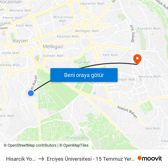 Hisarcik Yolu 4 to Erciyes Üniversitesi - 15 Temmuz Yerleşkesi map