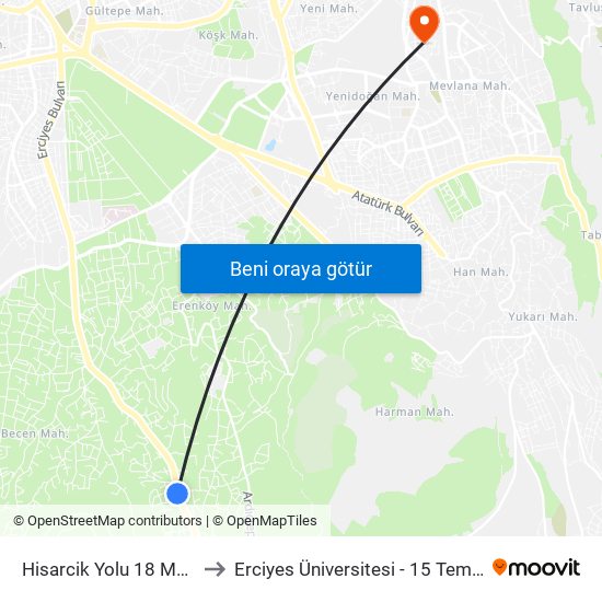 Hisarcik Yolu 18 Mekke Duragi to Erciyes Üniversitesi - 15 Temmuz Yerleşkesi map