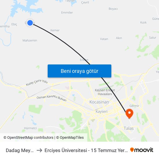 Dadag Meydan to Erciyes Üniversitesi - 15 Temmuz Yerleşkesi map