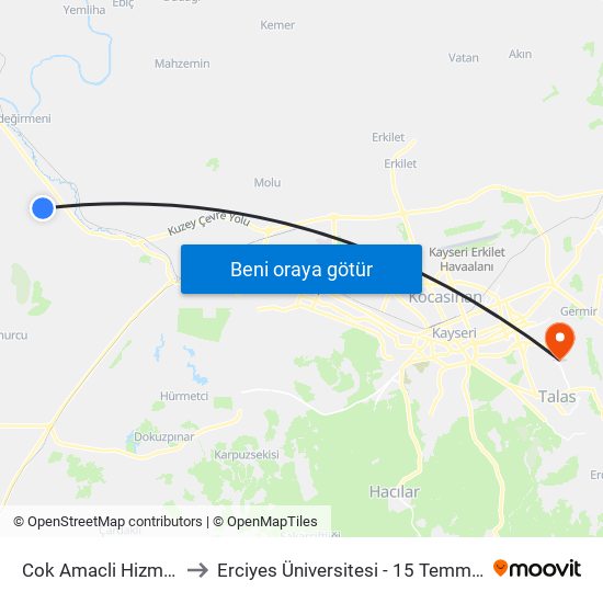 Cok Amacli Hizmet Binasi to Erciyes Üniversitesi - 15 Temmuz Yerleşkesi map