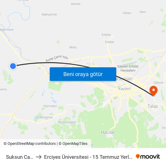 Suksun Camii to Erciyes Üniversitesi - 15 Temmuz Yerleşkesi map