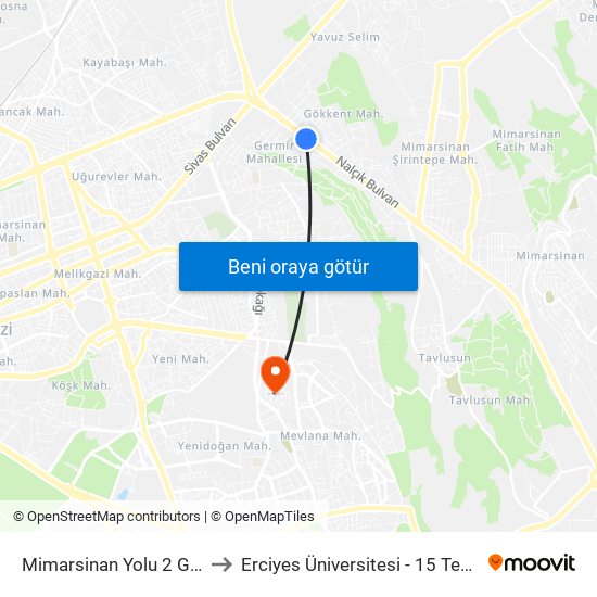 Mimarsinan Yolu 2 Gokkent Girisi to Erciyes Üniversitesi - 15 Temmuz Yerleşkesi map