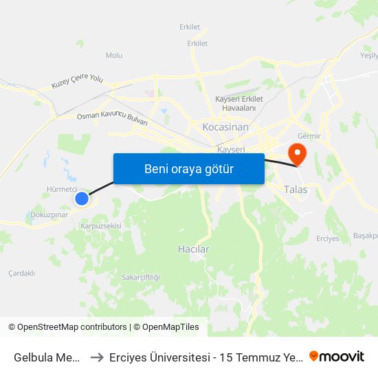 Gelbula Meydan to Erciyes Üniversitesi - 15 Temmuz Yerleşkesi map