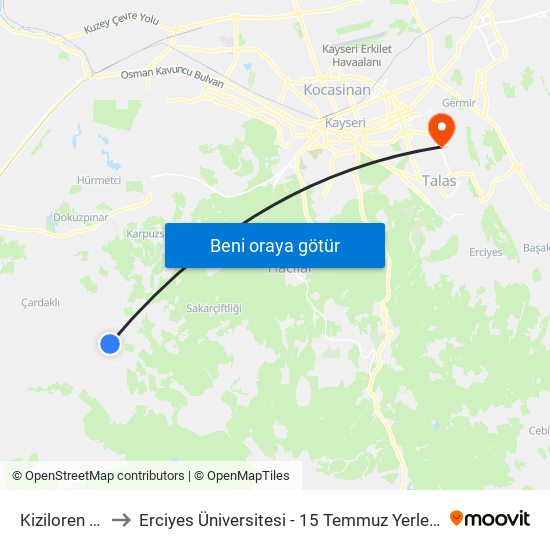 Kiziloren Ptt to Erciyes Üniversitesi - 15 Temmuz Yerleşkesi map