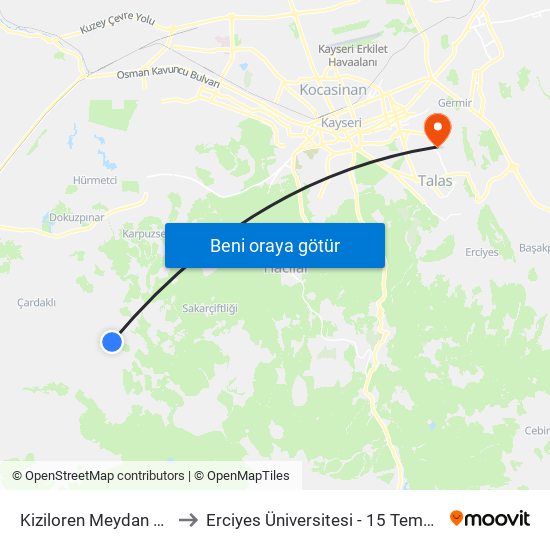 Kiziloren Meydan Son Durak to Erciyes Üniversitesi - 15 Temmuz Yerleşkesi map