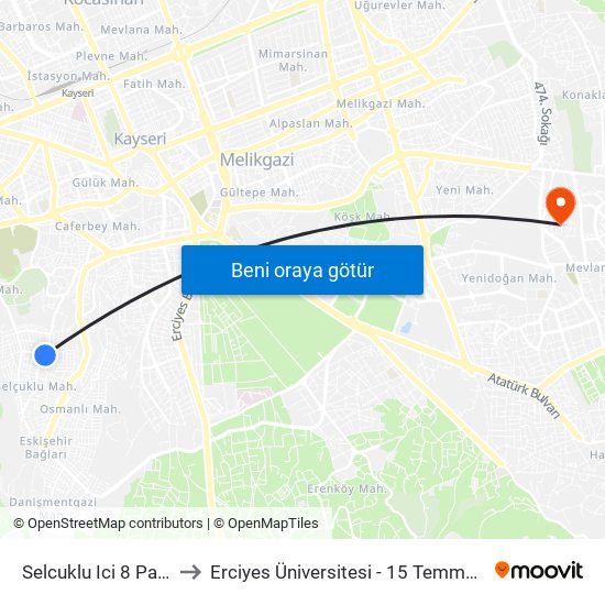 Selcuklu Ici 8 Pazar Yeri to Erciyes Üniversitesi - 15 Temmuz Yerleşkesi map