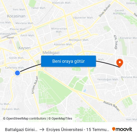 Battalgazi Girisi Isiklar to Erciyes Üniversitesi - 15 Temmuz Yerleşkesi map