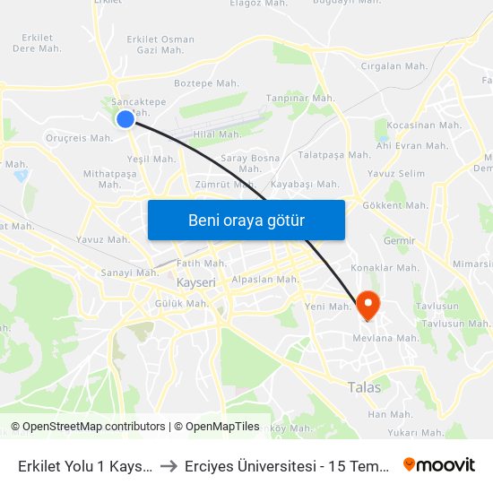 Erkilet Yolu 1 Kayseri Tekstil to Erciyes Üniversitesi - 15 Temmuz Yerleşkesi map