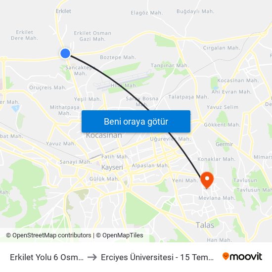 Erkilet Yolu 6 Osmanli Girisi to Erciyes Üniversitesi - 15 Temmuz Yerleşkesi map