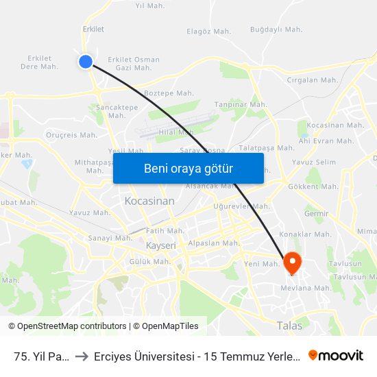 75. Yil Parki to Erciyes Üniversitesi - 15 Temmuz Yerleşkesi map